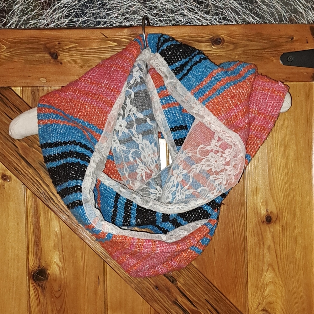 Three Bird Nest / Orange, Fushia, Blue & Black Lace Sarape Infinity